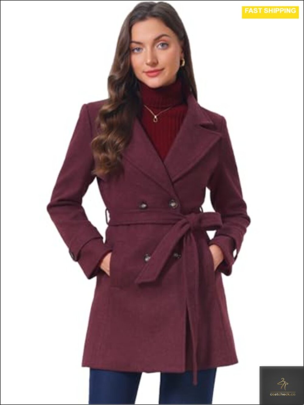 Women's Winter Wool Pea Coat Double-Breasted Belted Trench